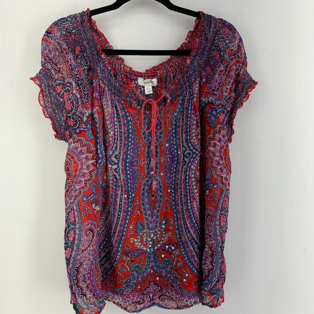 Dressbarn Womens 1X Red Paisley Sequin Beaded Smocked Boho Peasant Blouse Top